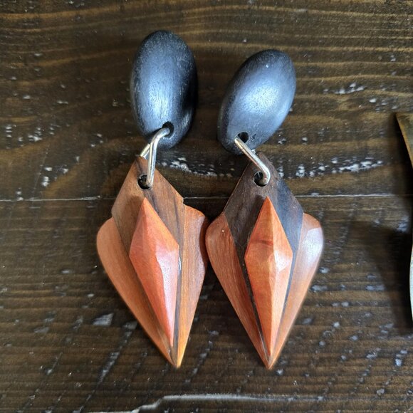Vintage Lot of 2 Pairs Geometric Earrings Wood Metal Boho Festival Dangle MCM - Picture 3 of 8